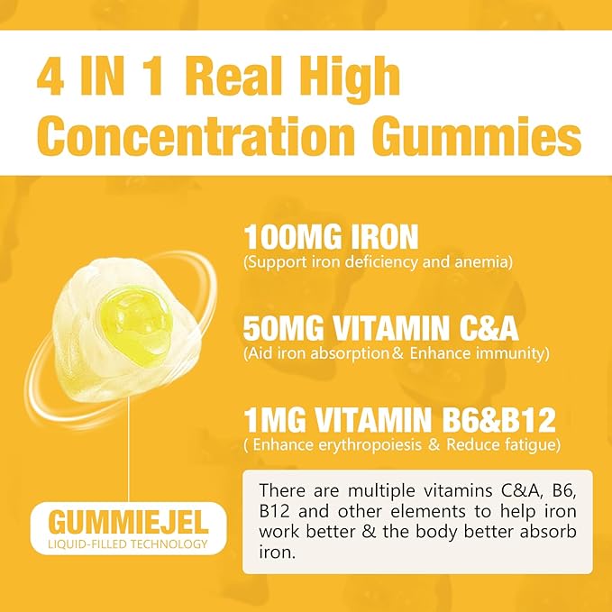 2 Packs 100MG Iron Supplement Gummies for Women & Men - with Vitamin A, C, B - Energy Support for Iron Deficiency, Anemia, Adults & Children, Pineapple Flavor Gummy, 120ct