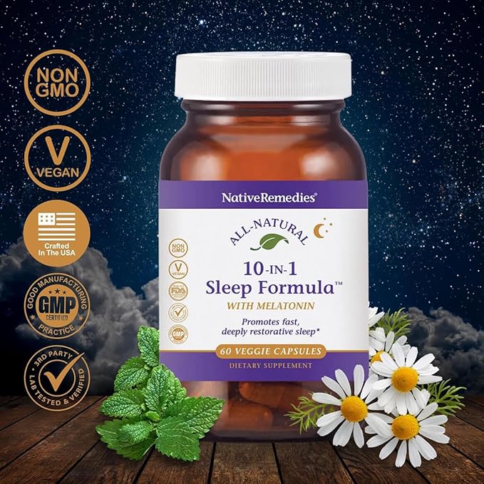 Native Remedies 10-in-1 Natural Sleep Aid for Adults & Kids 4+ – Herbal Sleep Supplement with Melatonin 5mg, Magnesium, Valerian Root, Chamomile & L-Tryptophan – Non-Habit Forming, Vegan, 60 Capsules