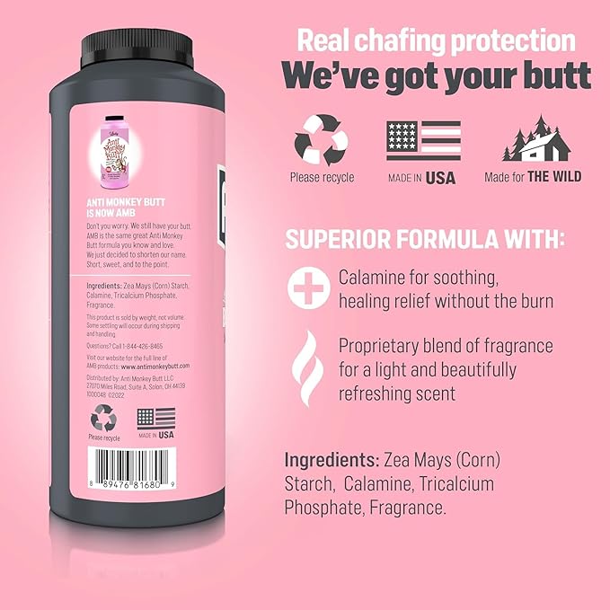Anti Monkey Butt Body Powder for Women - Talc-Free, Sweat-Absorbing, Anti-Chafing Powder with Calamine - Hypoallergenic Formula - 8 oz