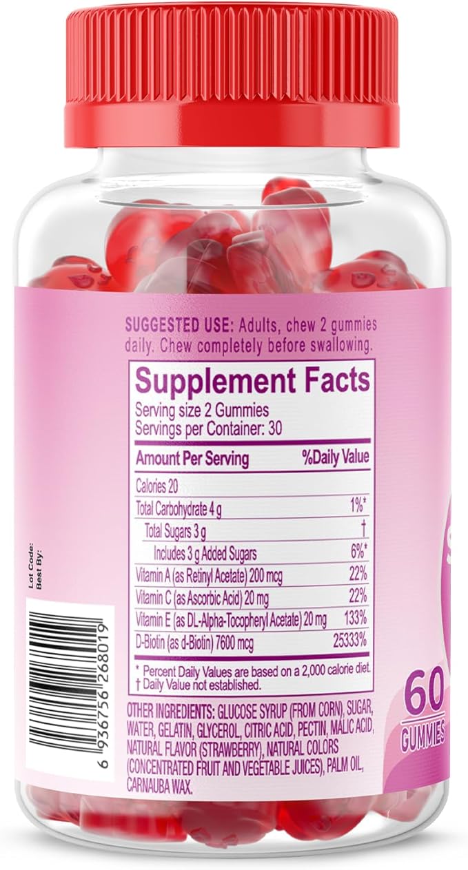 Natural Hair Skin and Nails Vitamins Gummies, 7600mcg Biotin Gummies for Women Men Beauty Support, Non-GMO, Gluten Free (Strawberry Flavor, 60 Count)