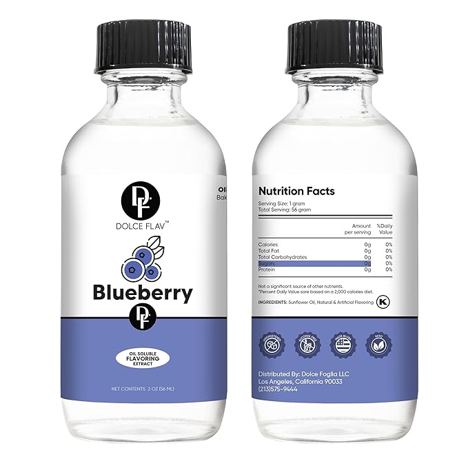 Dolce Flav Blueberry Extract – 2 Ounce Oil-Soluble Kosher, Sugar-Free, Concentrated Ripe Blueberry Flavoring for Baking, Chocolates & Desserts, Includes Measured Dropper
