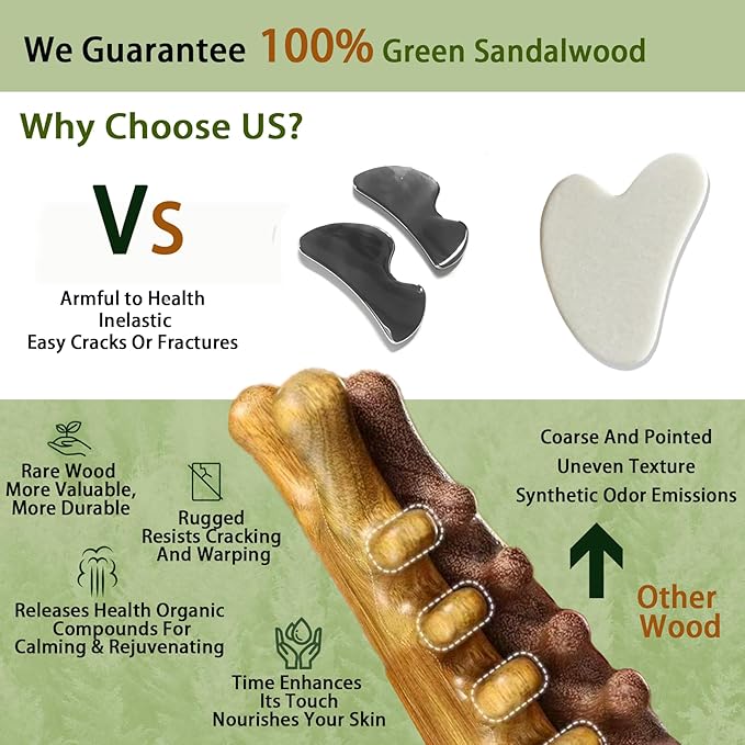 4-in-1 Gua Sha Tool for Face & Body, Natural Green Sandalwood โ Lymphatic Drainage, Jaw Lifting & Nose Sculpting, Head Massage Comb for Stress Relief, Home Office Self Care Gifts for Mom Girl Friend