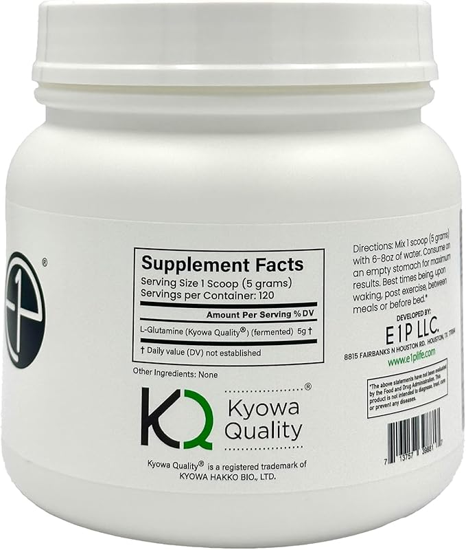 L-Glutamine 600grams (120 Servings) Unflavored, Non-GMO, Vegan Fermented, Third-Party Lab Tested. Made with Halal and Kosher Certified Ingredients.