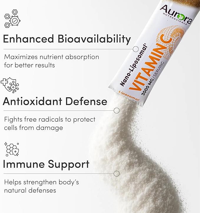 Aurora Nutrascience Nano-Pack Liposomal Vitamin C Powder Drink Mix, Immune Support, High Strength 3,000 mg Per Serving 10 Single Serve Packets, Orange