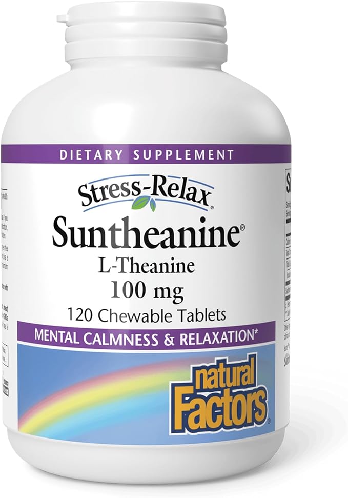 Natural Factors Stress-Relax Chewable Suntheanine L-Theanine 100 mg, Non-Drowsy Stress Support for Mental Calmness and Relaxation, Tropical Fruit Flavor, 120 Tablets