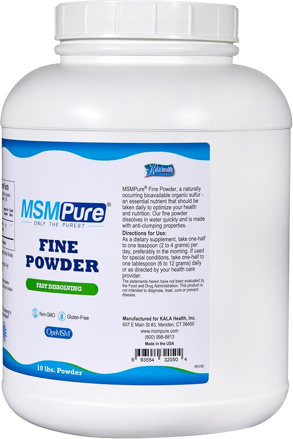 KALA HEALTH MSMPure Fast Dissolving Fine MSM Powder Crystals – US-Made MSM for Joint Health, Skin Appearance, and Hair & Nail Support – 10 lb, Organic Sulfur