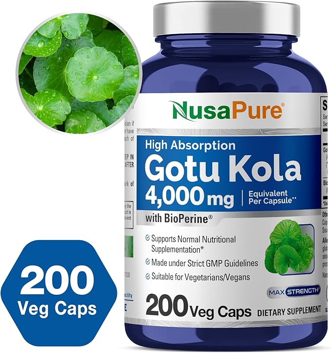 NusaPure Gotu Kola Capsules 20:1 Extract, 200 mg Equivalent to 4000mg Per Veggie Caps, 200 Count, Non-GMO, Vegan, Bioperine - Traditional Herb Extract