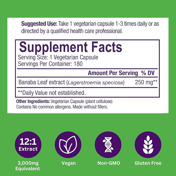Paradise Herbs, Banaba Leaf, 12:1 Concentrated Extract, 250 mg, Vegan, Gluten-Free, Non-GMO, 180 Capsules