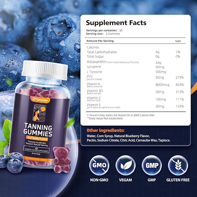 Tanning Gummies - Self Tan Bronzing Supplement that Work Without Sun - No Sugar Vegan with Astaxanthin Lycopene Beta Carotene and Vitamins-60 Count