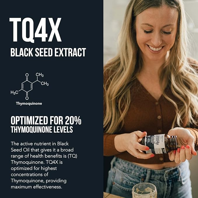 20% Thymoquinone Black Seed Oil Extract Capsules - TQ-Advanced 4X®: Potent Thymoquinone Concentration Available Concentrate from Nigella Sativa, Raw Form, Vegan, Glass Bottle (25 mg - 60 Capsules)