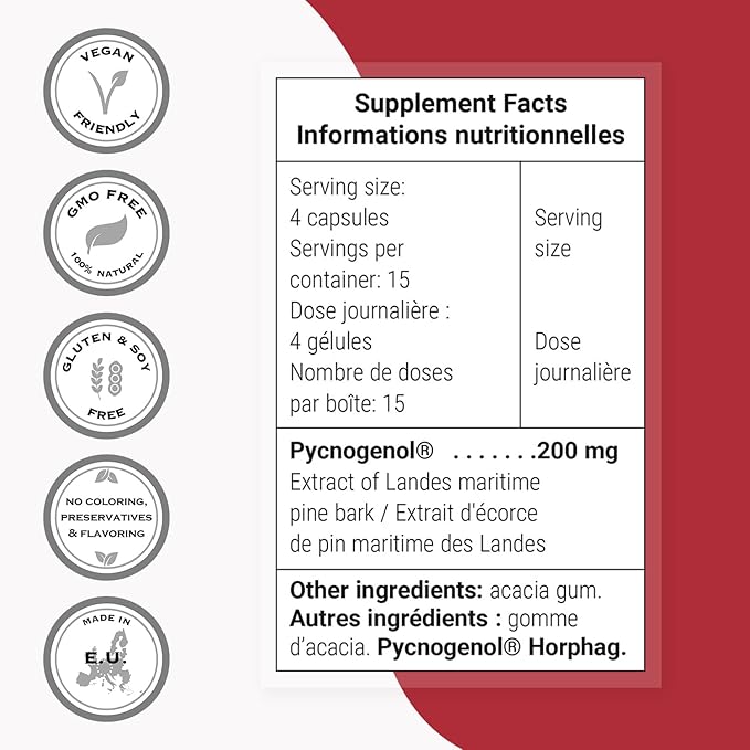Supersmart Pycnogenol 200mg per Day (Patented & Highly Bioavailable) - French Maritime Pine Bark Extract | Non-GMO & Gluten Free - 60 Vegetarian Capsules