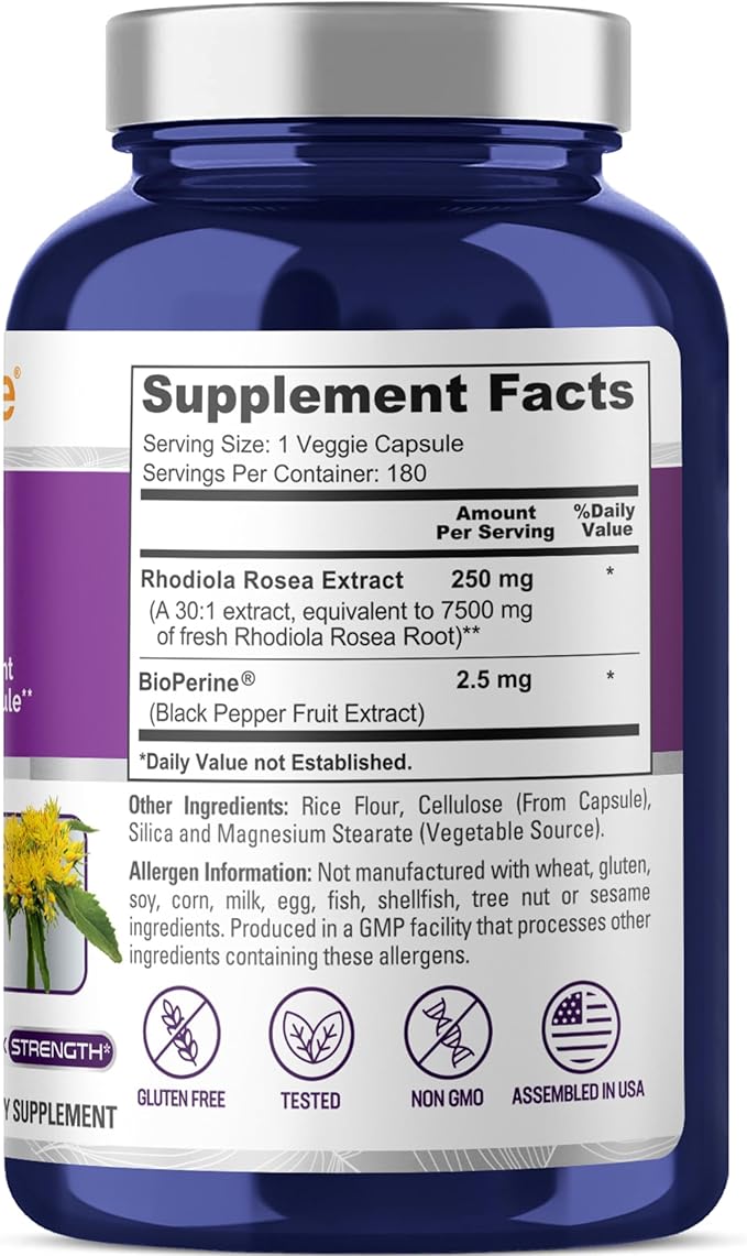 NusaPure Rhodiola Rosea 7,500mg 180 Veggie Capsules (Non-GMO, Extract 30:1, Vegan & Gluten-Free) Bioperine