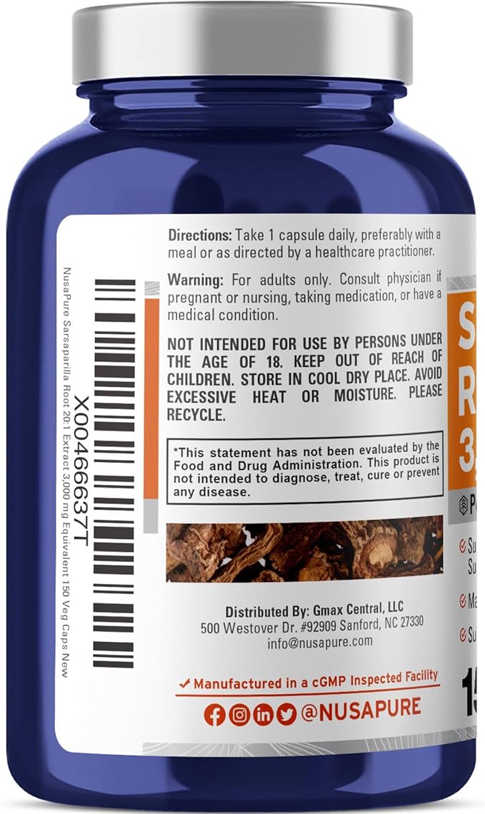 NusaPure Sarsaparilla Root 20:1 Extract, 150 mg Equivalent to 3,000mg | 150 Veggie Caps | Non-GMO