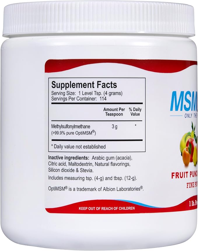 KALA HEALTH MSMPure Fast Dissolving Fruit Punch Flavored Fine MSM Powder Crystals – US-Made MSM for Joint Health, Skin Appearance, and Hair & Nail Support – 1 lb, Organic Sulfur