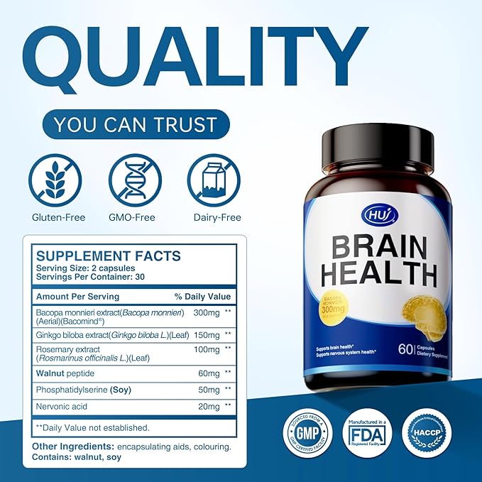 HUJ Brain Health - Brain Supplements for Memory and Focus - Brain & Nervous System Health Support with Bacopa, Phosphatidylserine, Ginkgo Biloba, Rosemary, Walnut Peptide, Nervonic Acid - 60 Capsules