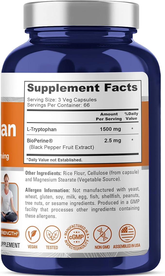 NusaPure L-Tryptophan 1500mg 200 Vegetarian Caps (Non-GMO, Vegan) Bioperine