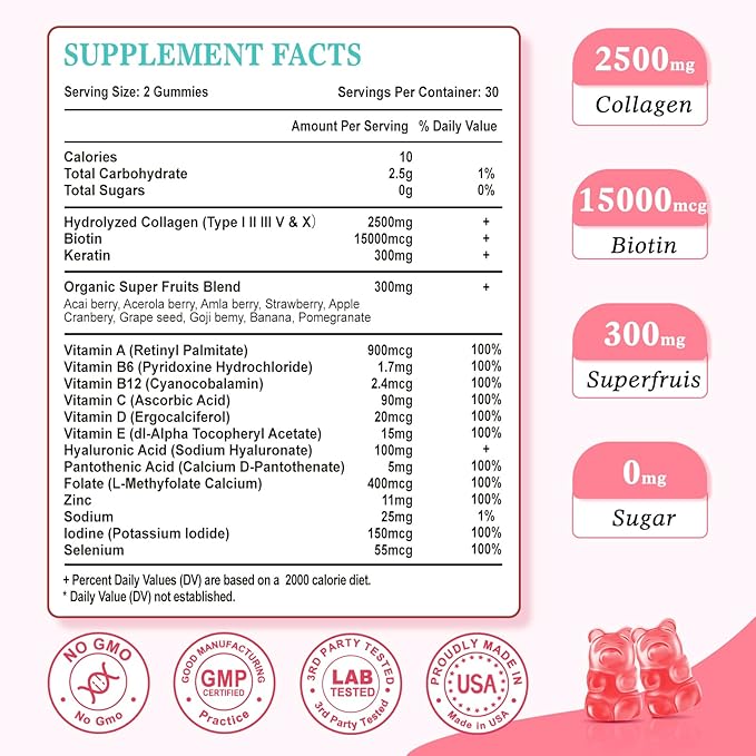2 Pack Sugar Free Collagen Gummies for Women Men, Multi Collagen Peptides Gummies Type I II III V X with Biotin Vitamin A B C D E for Hair Skin Nails, Strawberry Flavor, 120 Count