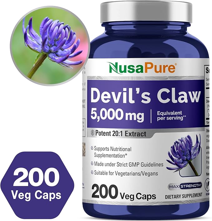 NusaPure Devil's Claw 20:1 Extract, 250 mg Equivalent to 5000mg, 200 Veggie Capsules, Concentrated Root Extract, Devils Claw Herbal Supplement, Non-GMO, Vegan Supplement