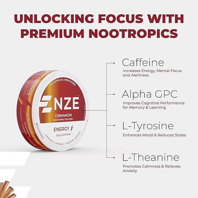 NZE Caffeine Nootropic Pouches (Cinnamon) - Energy Pouches with 50mg Caffeine, Alpha GPC, L-Tyrosine & L-Theanine with No Sugar or Artificial Sweeteners - 15 Nicotine Free Pouches Per Can - 5 Pack