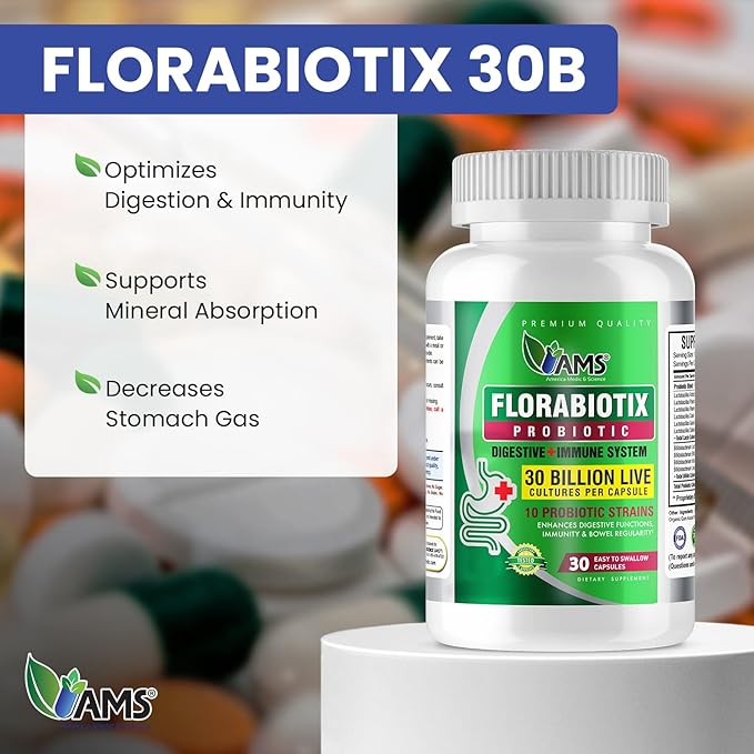 America Medic & Science Florabiotix Probiotic (30 Capsules) | Dietary Supplement for Men and Women| 30 Billion Live Cultures | 10 Probiotic Strains | Supports Digestive and Immune Health