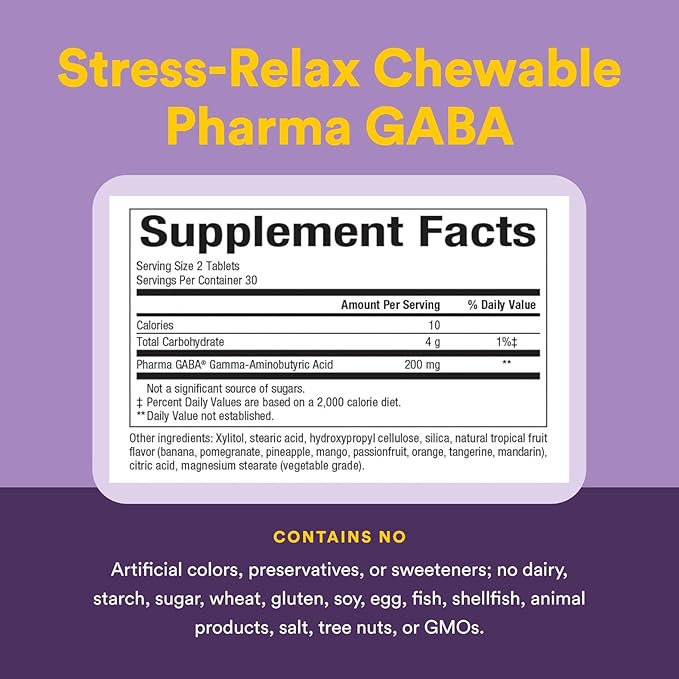 Natural Factors Stress-Relax Chewable Pharma GABA 100 mg, Non-Drowsy Stress Support for Relaxation and Mental Focus, Tropical Fruit Flavor, 60 Tablets
