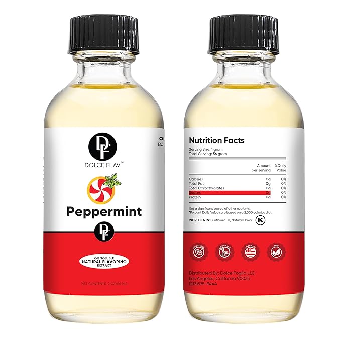 Dolce Flav Natural Peppermint Extract – 2 Ounce Oil-Soluble Kosher, Sugar-Free, Concentrated Pure Mint Flavor for Hard Candy, Chocolates & Baking, Includes Measured Dropper