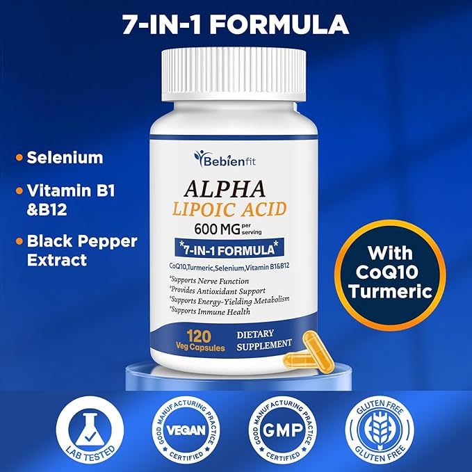 Alpha Lipoic Acid 600mg + CoQ10 & Active B1 & B12 – 7-in-1 Neuropathy Support – Fortify Nerves in Hands & Feet – Antioxidant, Cell Energy & Metabolism – Vegan, Gluten-Free, 120 Capsules