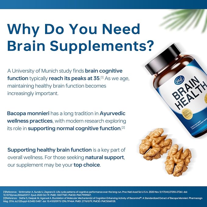 HUJ Brain Health - Brain Supplements for Memory and Focus - Brain & Nervous System Health Support with Bacopa, Phosphatidylserine, Ginkgo Biloba, Rosemary, Walnut Peptide, Nervonic Acid - 60 Capsules