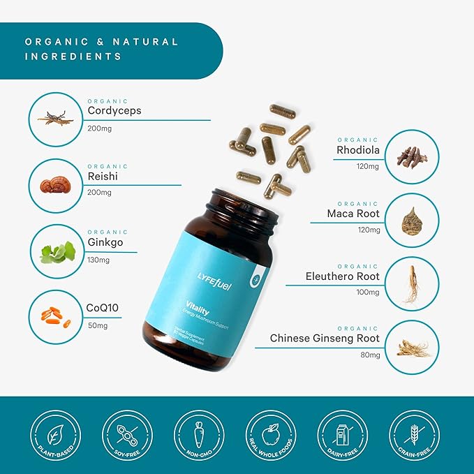 LyfeFuel Adaptogen Blend for Natural Energy & Vitality | Mushroom Supplement & Organic Herb Complex to Boost Stamina, Reduce Fatigue | Maca, Cordyceps, Reishi, Ginkgo, Rhodiola | 60 Vegan Capsules