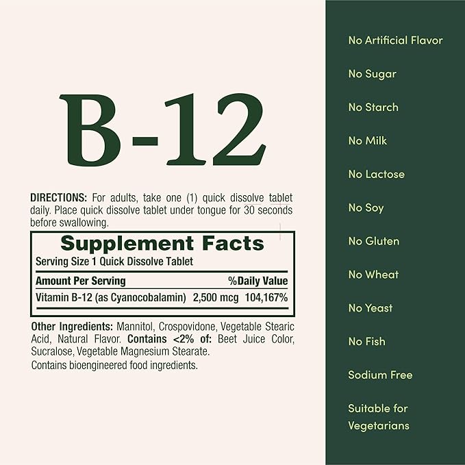 Nature's Bounty Vitamin B12 2500 mcg, Cellular Energy Support, for Energy Metabolism, Heart & Nervous System Health, 75 Quick Dissolve Tablets