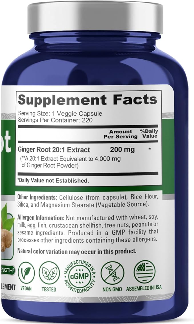 NusaPure Ginger Root Capsules 20:1 Extract, 200 mg Equivalent to 4,000mg per Veggie Caps | 220 Count | Non-GMO