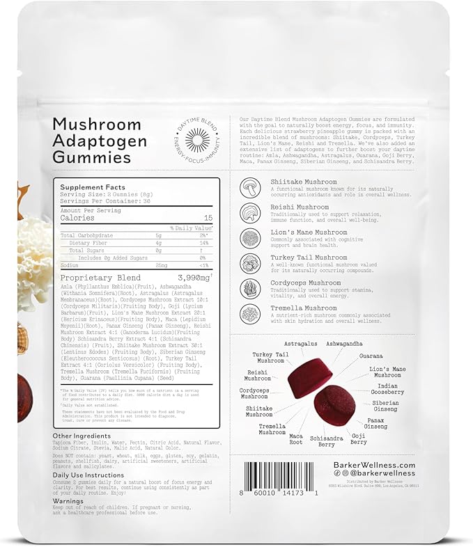 Barker Wellness Daytime & Nighttime Mushroom Gummies Bundle - Sugar-Free, Vegan with Reishi, Lion's Mane, Cordyceps - Focus, Energy, Relaxation & Sleep Support - 120 Count