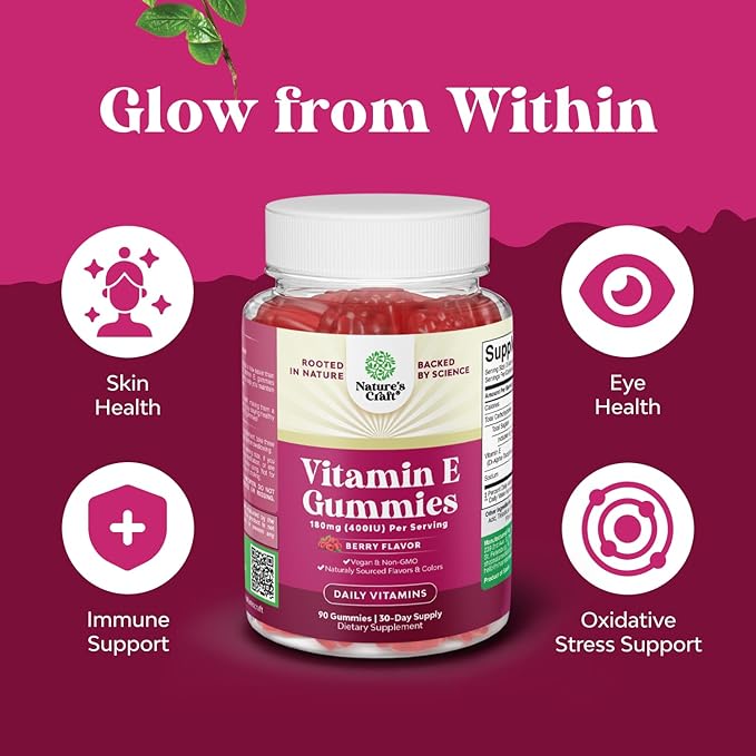 Natures Craft Vitamin E Gummies for Skin Care - High-Potency Vitamin E 400 IU Skin Supplement - Delicious & Easy-to-Take Supplement Promote Health Immune Support & Cellular Protection (1 Month)