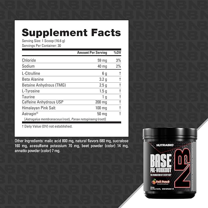 NutraBio Base Pre-Workout Powder 200mg Caffiene, Sustained Energy, Focus, Endurance, Pump, Sugar Free, Clean Preworkout for Men and Women - Beta Alanine, L-Tyrosine, 30 Servings - Fruit Punch
