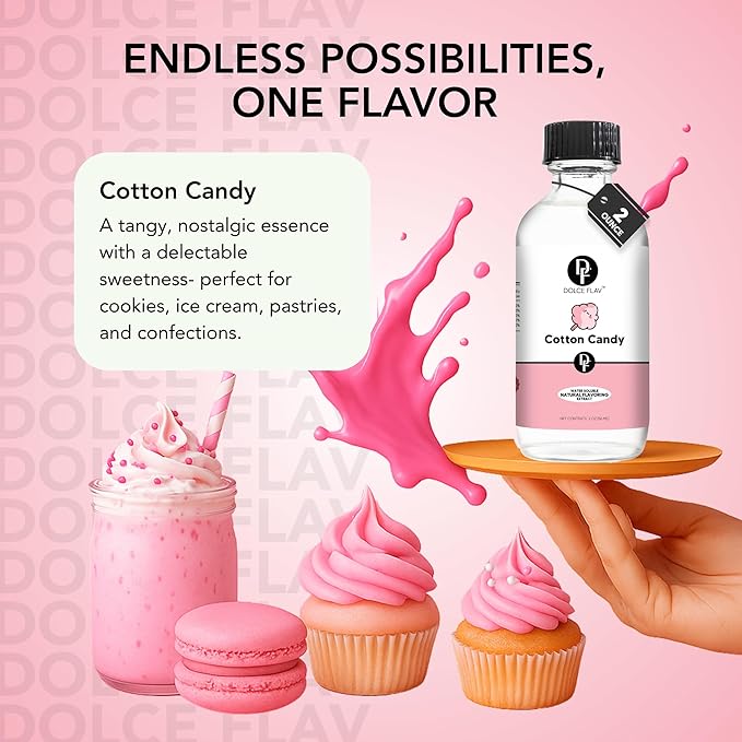 Dolce Flav Natural Cotton Candy Extract – 2 Ounce Water-Soluble Kosher, Sugar-Free, Concentrated Carnival-Style Flavoring for Baking, Frostings & Drinks, Includes Measured Dropper