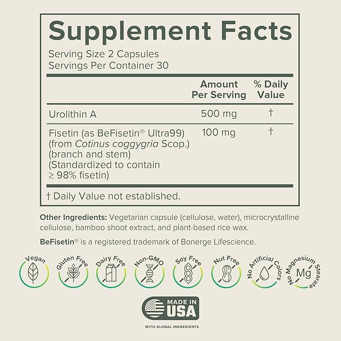 Prominent Nutrition Urolithin A + Fisetin, 30-Day Supply – Supports Vitality, Oxidative Stress, Muscle Recovery & Cellular Health – Vegan, Non-GMO, Gluten Free, 600mg Serving, 60 Capsules
