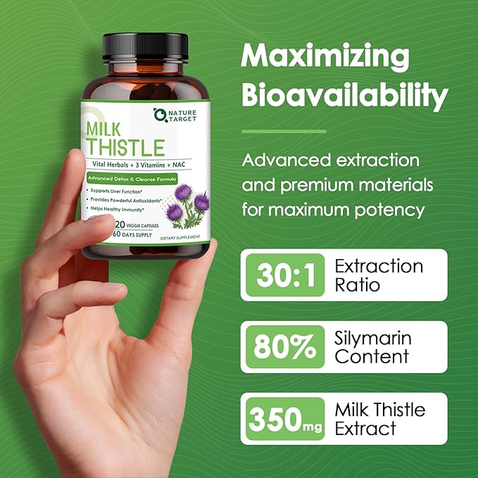 NATURE TARGET Milk Thistle Supplement for Liver Cleanse Detox & Repair, Support Supplement with 350mg of 30:1 Milk Thistle Extract Equivalent to 10500mg, 120 Veggie Capsules(60 Days Supply)