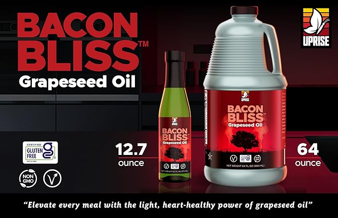 Bacon Bliss Grapeseed Oil – 64 oz Bulk Bottle | Bacon Flavored Cooking Oil for Popcorn, Roasting, and Sautéing | Plant-based Alternative with High Smoke Point | Non-GMO, Gluten-Free, Vegan