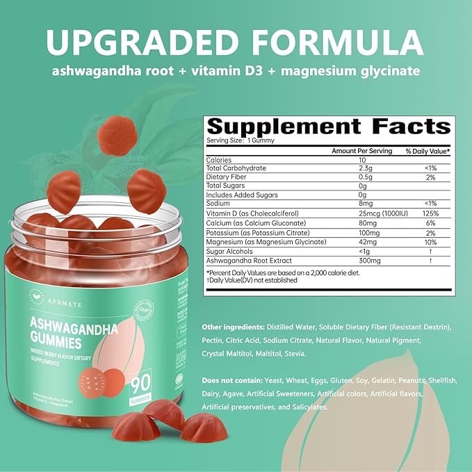 AFXMATE Ashwagandha Gummies for Women Sugar Free, Ashwagandha Supplement Gummy with Magnesium Vegan (90 Counts)