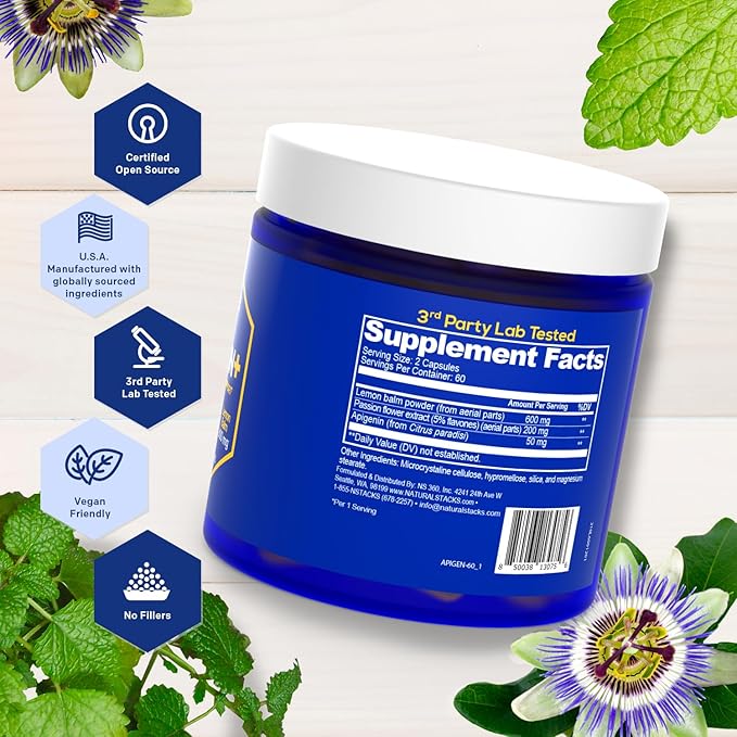NATURAL STACKS Apigenin Supplement for Sleep - 50mg Apigenin & 600mg Lemon Balm - Melatonin Free Sleep Aid - with Passion Flower Extract for Stress Relief - 120 Lemon Balm Capsules