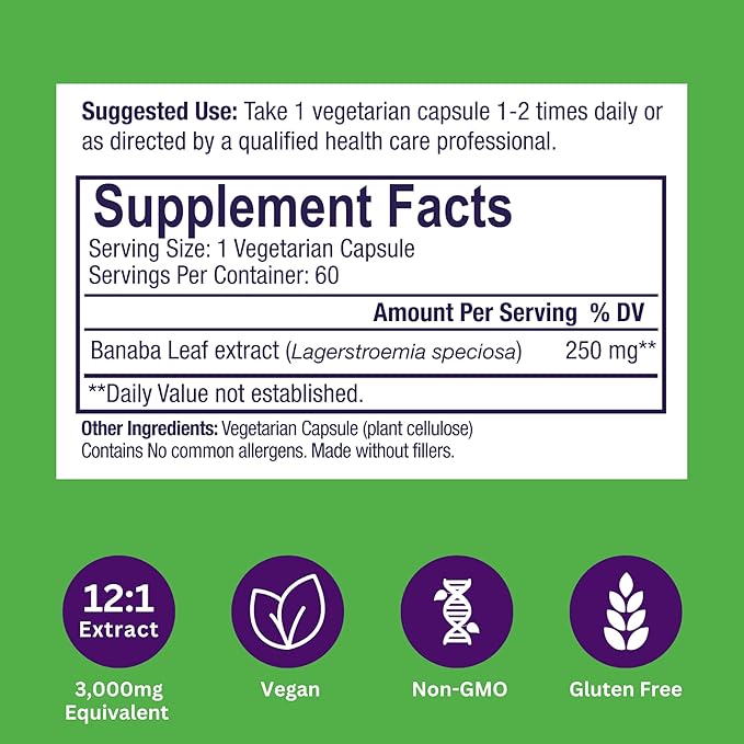 Paradise Herbs, Banaba Leaf, 12:1 Concentrated Extract, 250 mg, Vegan, Gluten-Free, Non-GMO, 60 Capsules