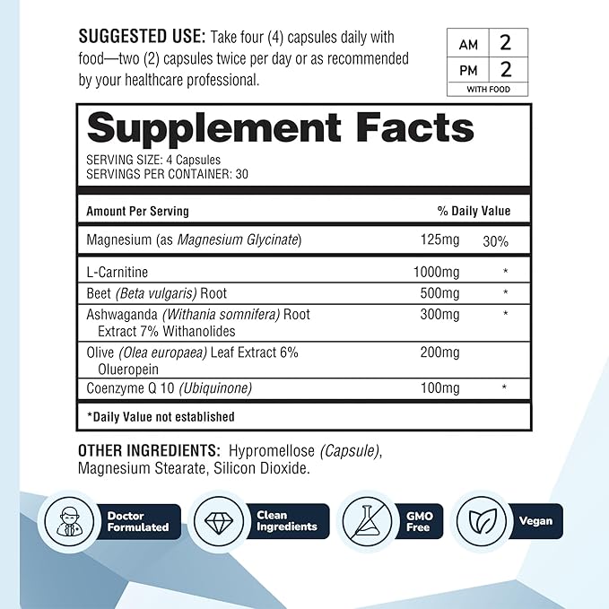 HealthyHeart Support+ 6-in-1 Heart Health Supplements with Ashwagandha, CoQ10, Beet Root, Olive Leaf, Magnesium & L-Carnitine, Made in USA, Doctor-Formulated –120 Capsules, 1 Month Supply