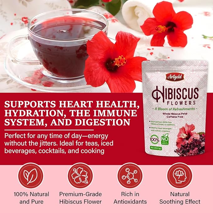 Arigold Pure Whole Petals Hibiscus Tea 1lb ā Organic Dried Hibiscus Flowers,Flor de Jamaica, Hibiscus Sabdariffa, Bissap, Sorrel, hibiscus tea loose leaf Herbal Tea for Agua Fresca, Cocktails, Iced Tea & Hot Tea | Caffeine-Free & Rich in Antioxidants.