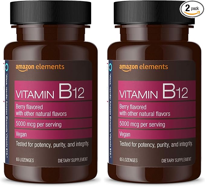 Amazon Elements Vitamin B12 Methylcobalamin 5000 mcg - Normal Energy Production and Metabolism, Immune System Support - 2 Month Supply, Berry Flavored Lozenges, 65 Count (Pack of 2)