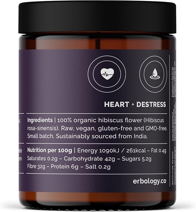Erbology Organic Hibiscus Powder 3.2 oz - 45 Servings - Destress - Sustainably Sourced Straight from Farm in India - Small Batch - Vegan - GMO-Free