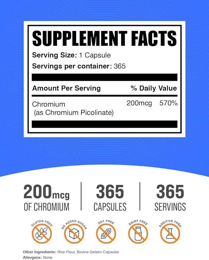 BulkSupplements.com Chromium Picolinate Capsules - Chromium Supplement, Mineral Supplement - Gluten Free, 1 Capsule per Serving, 365 Count (Pack of 1)