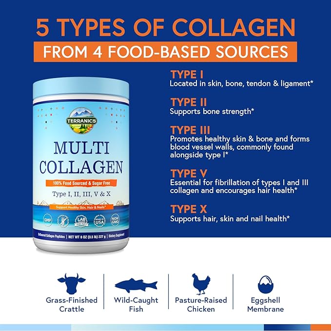 Terranics Multi Collagen Peptides Powder, Type I II III V X Collagen for Women & Men, Collagen Supplements for Skin, Nail, Hair, Easy to Dissolve, Unflavored, No Sugar, Keto, 8oz