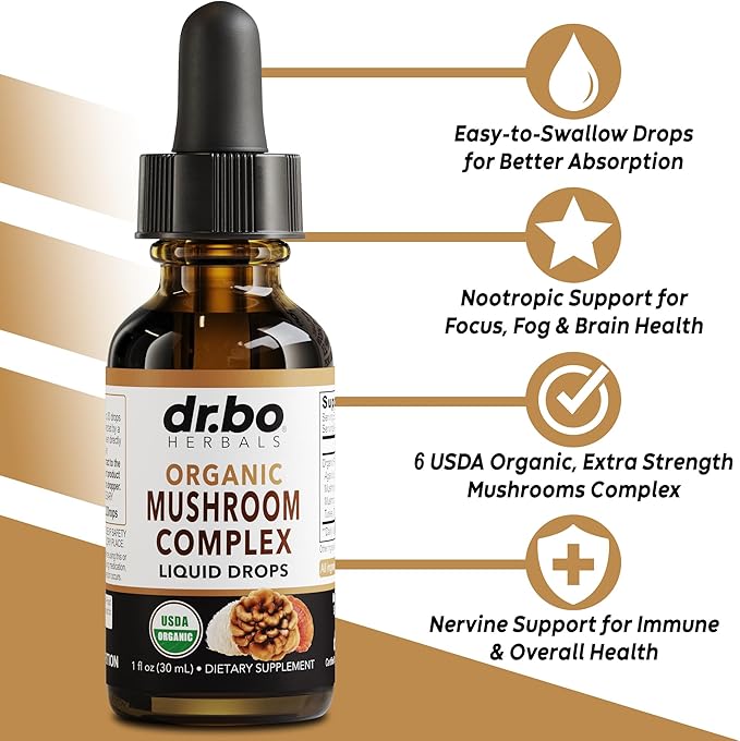 Organic Lions Mane Mushroom Complex - Mushroom Supplement Liquid Drops Tincture for Focus, Fog, Brain Health Supplements - Vegan, Herbal Organic Lion's Mane Mushrooms, Reishi, Turkey Tail Extract 1oz