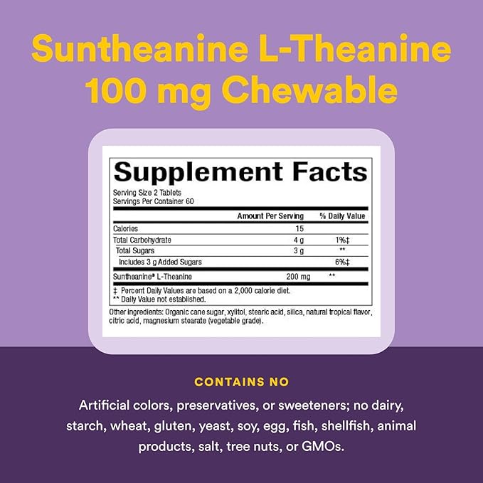 Natural Factors Stress-Relax Chewable Suntheanine L-Theanine 100 mg, Non-Drowsy Stress Support for Mental Calmness and Relaxation, Tropical Fruit Flavor, 120 Tablets