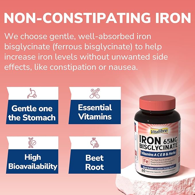 Iron Supplement for Women and Men, Iron Bisglycinate, 65mg Elemental Iron, Non-Constipating, Plus Blood Builder Vitamins C B6 B12 Folate & Beet Root, Energy Support, Blood Health, 60 Caps